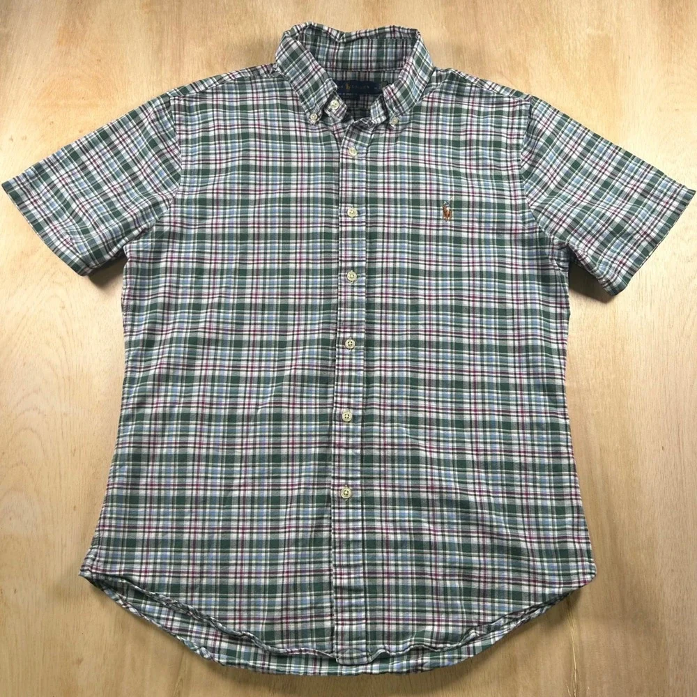 Ralph Lauren Boys Green Blue Plaid Slim Fit Short Sleeve Button Down Shirt M